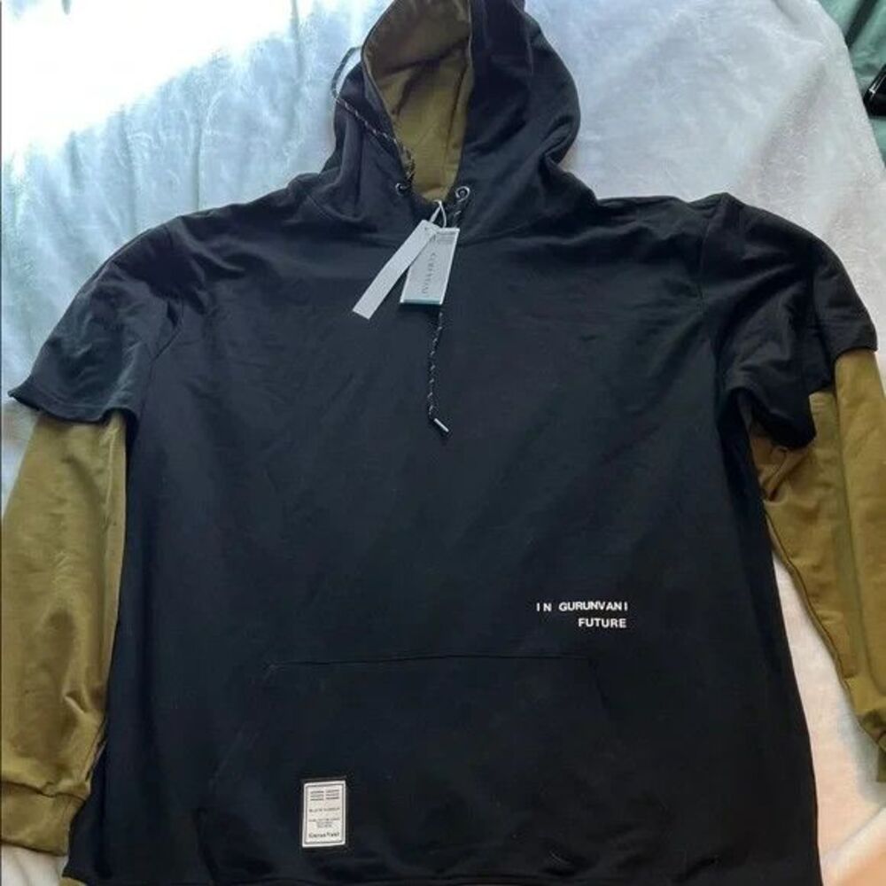 Black and Olive Men's Hoodie by Gurunvani (Men’s 3XL)